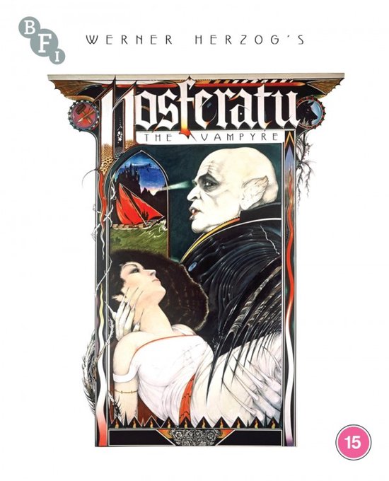 Film poster voor 'Nosferatu the Vampyre' met een bleke man met een kaal hoofd die een vrouw vasthoudt. Een schip op water is zichtbaar op de achtergrond.