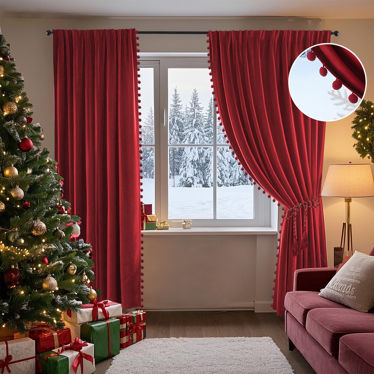 Qelus Kerstrode 2 Stuks Fluwelen Verduisterend Gordijnen met Pompons - Kant en Klaar - 132x244 cm Winter Gordijn met Plooiband - Kerstdecoratie voor Woonkamer & Slaapkamer Kerstrood