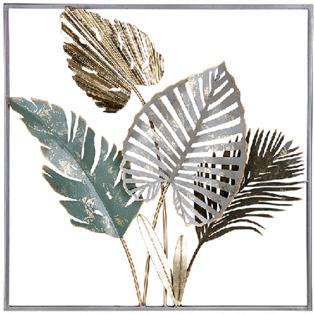 Handgemaakt muurobject metaal bladeren 4 - 5x50x50 cm olijfgroen goud bruin zilver muurdecoratie
