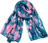 Petrol dames sjaal met rose klaprozen - 90 x 180 cm
