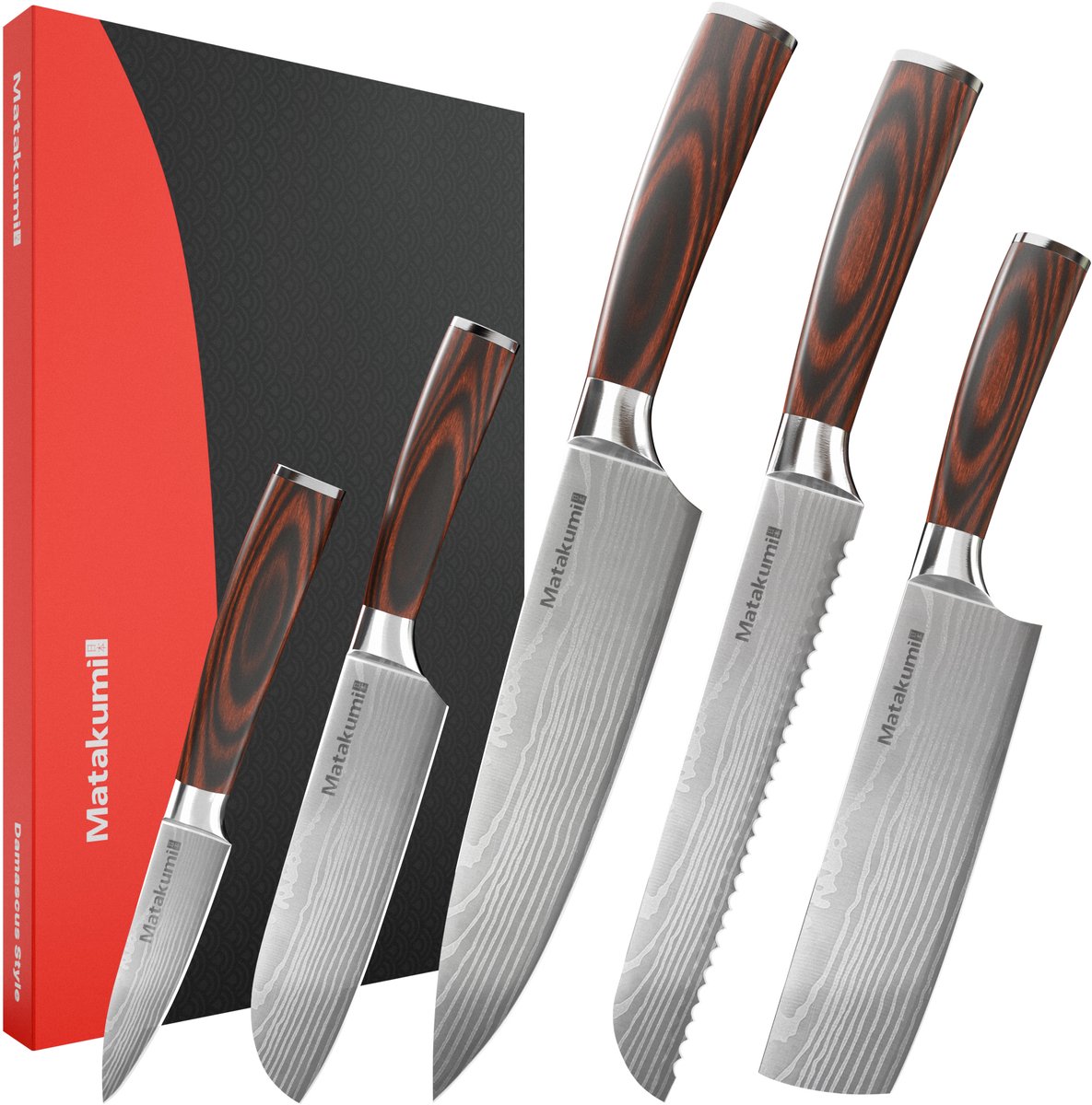Matakumi Messenset Damascus Stijl - 5-Delige Messenset Damascus Print - Japanse Keukenmessen - Perfect Voor Hobbykoks en de Professionele Keuken