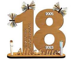 Houten bord, gastenboek, 2023, verjaardag, jubileum, decoratieve cijfers, jaren met jaarcijfers, gastenboek, verjaardag, jubileum, met standaard en kaarsenhouder (18 jaar)