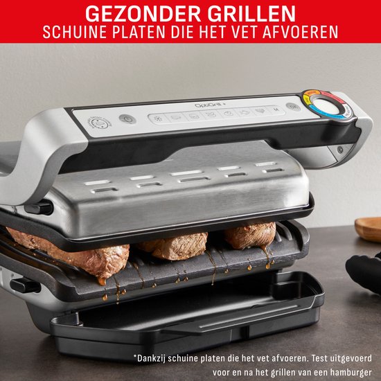 Gezonder grillen met de Tefal OptiGrill+. Schuine platen voeren vet af. Rundvlees grilt.