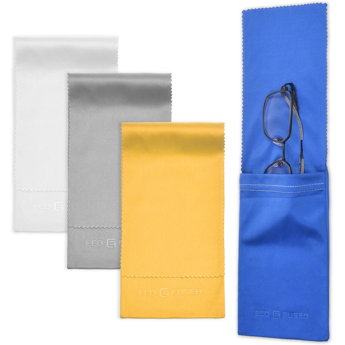Microvezel Brillenhoesjes Set – 4 Stuks Zachte Brillenzakjes met Klep, Reinigingsdoekje & Schoonmaakfunctie – Brillenetui voor Zonnebril, Leesbril, Veiligheidsbril en Opbergzakje in Één