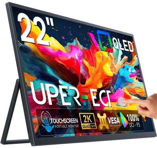 22 Inch Portable Touchscreen Monitor 2K QHD IPS 10-Punten Touch USB-C HDMI VESA Stand Speakers
