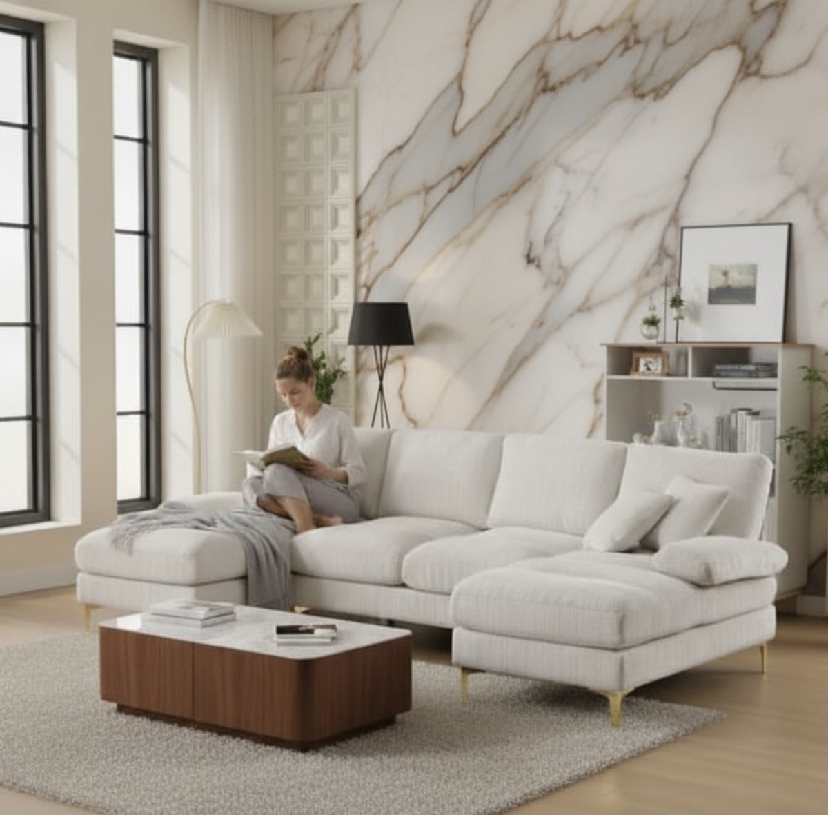 U-vormige bank 272x136x88 cm – Luxe Modulaire Hoekbank met Dubbele Chaise & Traagschuim, Verstelbare Hoofdsteunen, Comfortabele Loungebank – Beige – MedaHomeStore