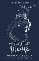 Boek 'The Farthest Shore' met een illustratie van een schip op de golven. Donkerblauw met witte opdruk.