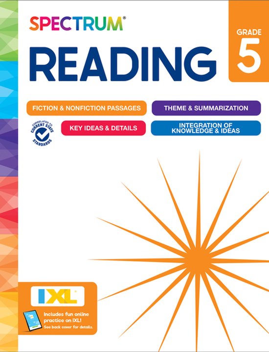 Spectrum Reading werkboek voor groep 7, met kleurrijke abstracte zijbalk en oranje sterburst-motief.