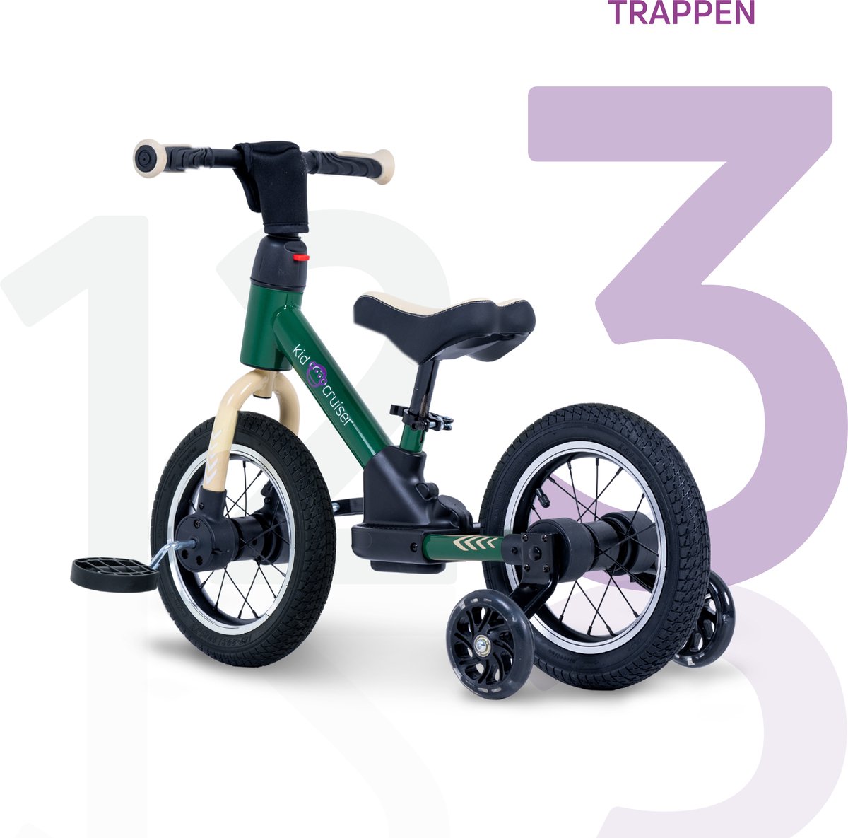 Kidcruiser Loopfiets 2+ jaar - Optioneel met LED Zijwieltjes & Trappers - 3-in-1 Kinderfiets - 12 inch – Donker Groen – Modulair Design — afbeelding 6
