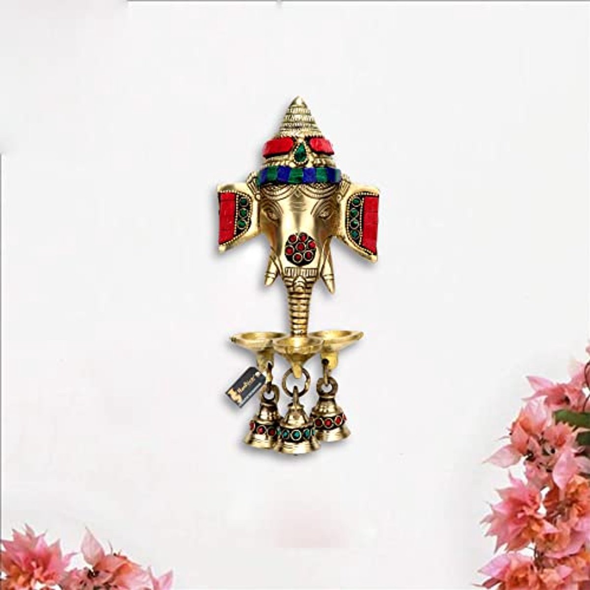 Brass Ganesha Wandlamp voor Thuisdecoratie met Klokken - Diya en Oli lamp