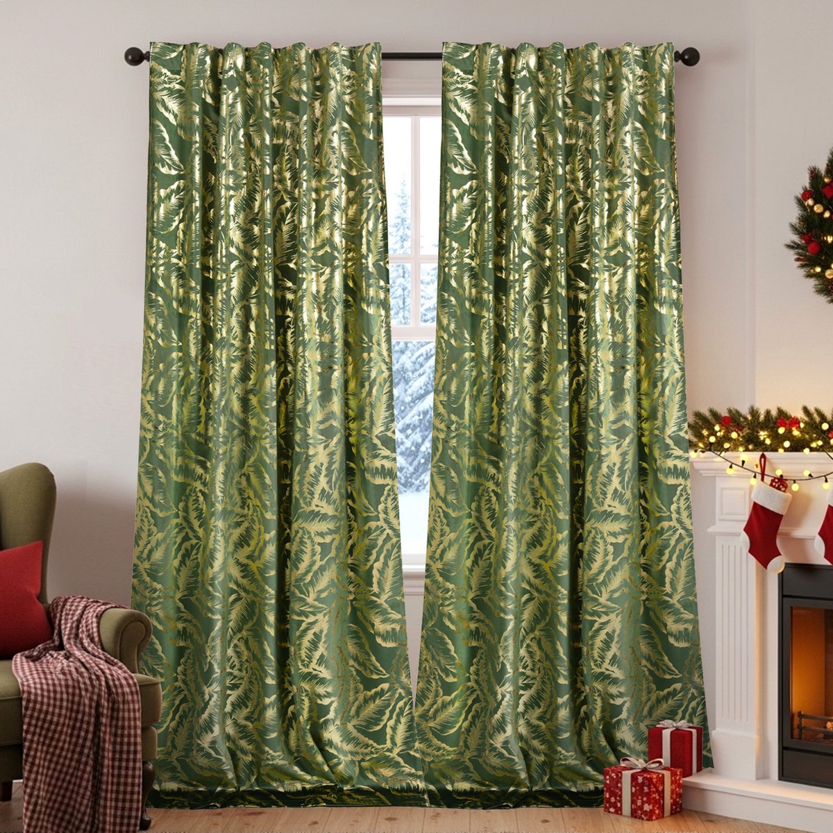 Qelus 2 Stuks Gordijnen Kant en Klaar - Luxe Fluwelen Korte Gordijnen met Gouden Folie - Verduisterend & Lichtwerend - Feestelijke Sfeer voor Woonkamer & Slaapkamer - B 132 x H 274cm(Groen) Groene-bladeren