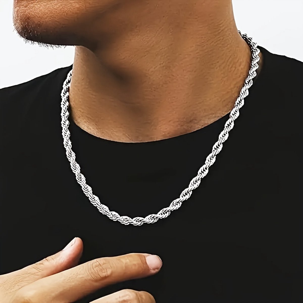 Sjika - Zilverkleurige Rope Chain Heren Ketting – 3 mm – RVS – Gedraaide touwschakel – Stoere & stijlvolle heren ketting - Cadeau voor hem