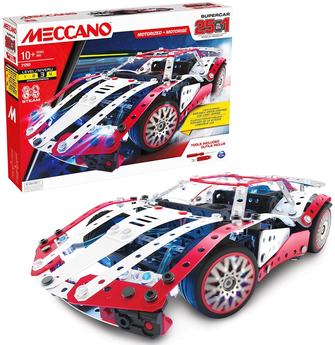 Bandai - Meccano Supercar 25 in 1 - Bouwset 25 Modellen - 347 stuks inclusief 6 volt motor, LED, gereedschap, instructies - Supercar Montage Activiteitenset - Kinderspeelgoed 10 jaar en + -APM20105