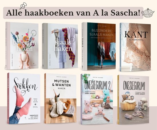 Boekomslag met 8 haakboeken, waaronder 'bloemen haken', 'sjaals haken' en 'onesiegurumi'.