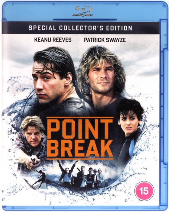 De voorkant van een Blu-ray hoesje van Point Break met Keanu Reeves en Patrick Swayze die naar de camera kijken, omringd door water en beelden uit de film.