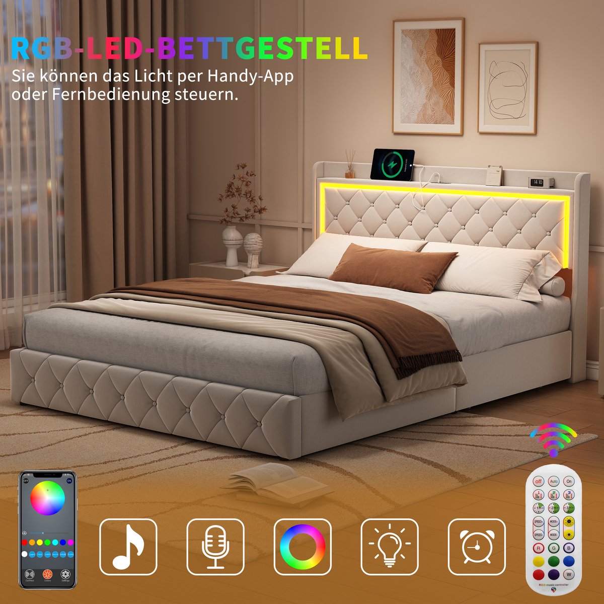 BursDany Tweepersoonsbed 160x200 cm met RGB LED-verlichting, USB/Type-C-poorten, 2 Opberglades en Lattenbodem, voor Volwassenen en Tieners, Velours Beige (Zonder Matras)