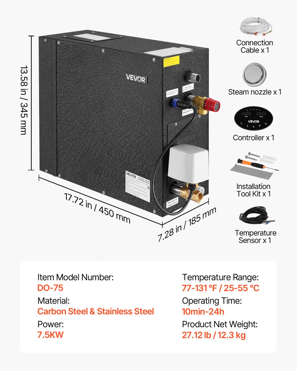 VEVOR Stoomgenerator, 7,5 Kw Stoomgenerator, Stoomdouchesysteem Met Bediening voor Sauna, Bad, Spa, CommerciëLe Automatische Afvoerset Met Oververhittings-, Droogloop- en Overdrukbeveiliging, Zwart — afbeelding 7
