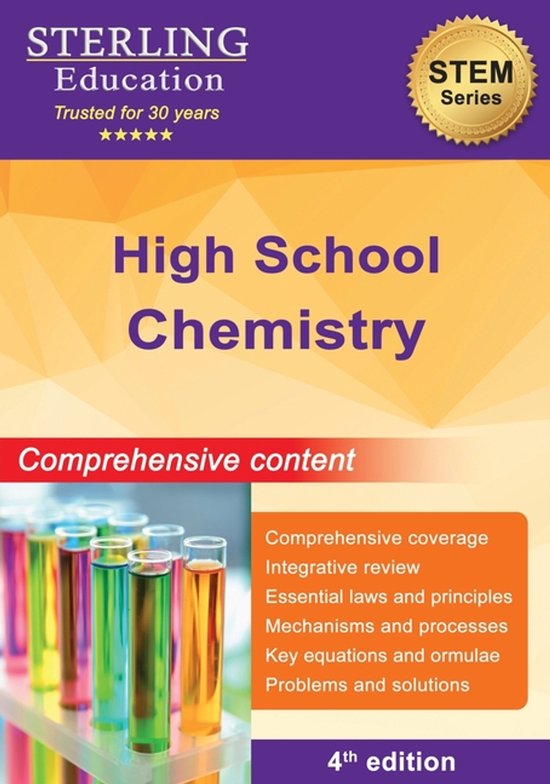 Boek "High School Chemistry" van Sterling Education, 4e editie, met reageerbuizen gevuld met kleurrijke vloeistoffen.