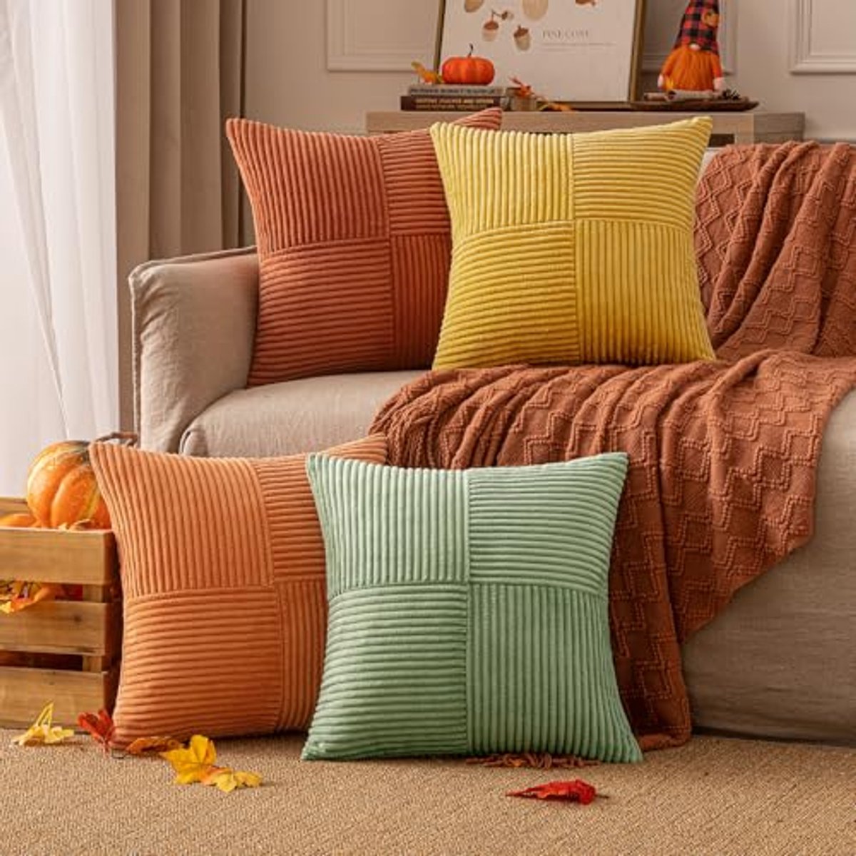 Set van 4 Kussenslopen Ribfluwelen Herfst Patchwork 50 x 50 cm voor Sofa en Slaapkamer
