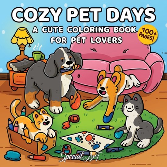 Boek 'Cozy Pet Days - Een leuke kleurboek voor dierenliefhebbers' met 100+ pagina's, met illustraties van honden en katten die kleuren.