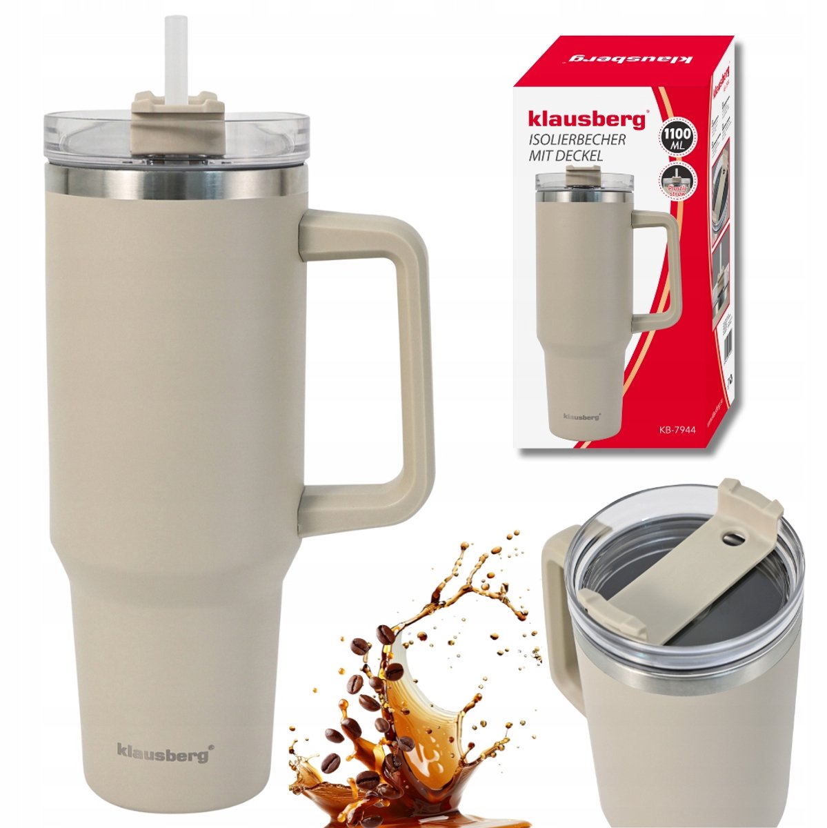 Klausberg KB-7944 Thermische Beker - 1100 ml - Lichtbeige - Dubbelwandige Vacuum Isolatie - Met Handvat en Sluitdop - Thermosbeker - Warmhoudbeker