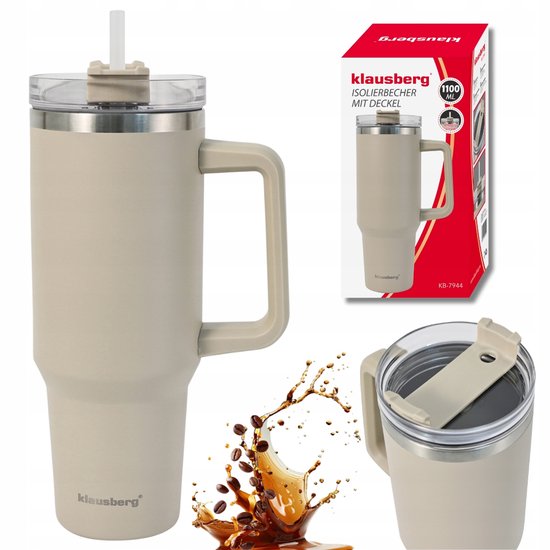 Foto: Klausberg kb 7944 thermische beker 1100 ml lichtbeige dubbelwandige vacuum isolatie met handvat en sluitdop thermosbeker warmhoudbeker