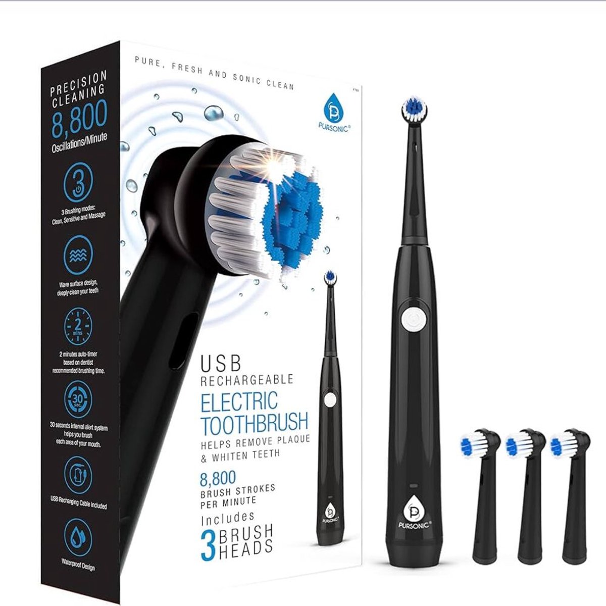 Pursonic USB Oplaadbare Tandenborstel Zwart