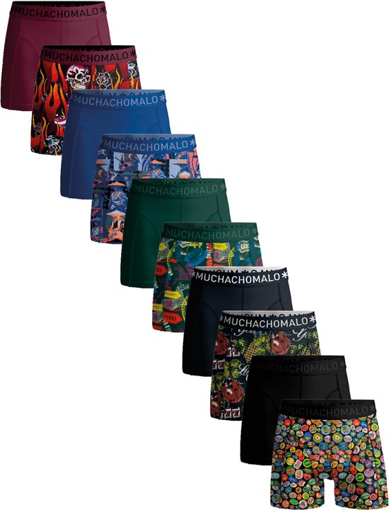 Assortiment coloré de boxers Muchachomalo avec divers imprimés, y compris des crânes, des flammes et des motifs.
