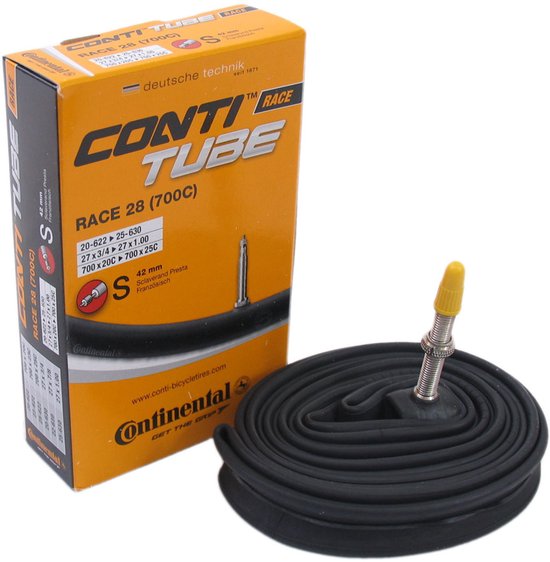 Oranje Conti Tube Race 28 (700C) doos naast een opgerolde zwarte fietsband met gele ventieldop.