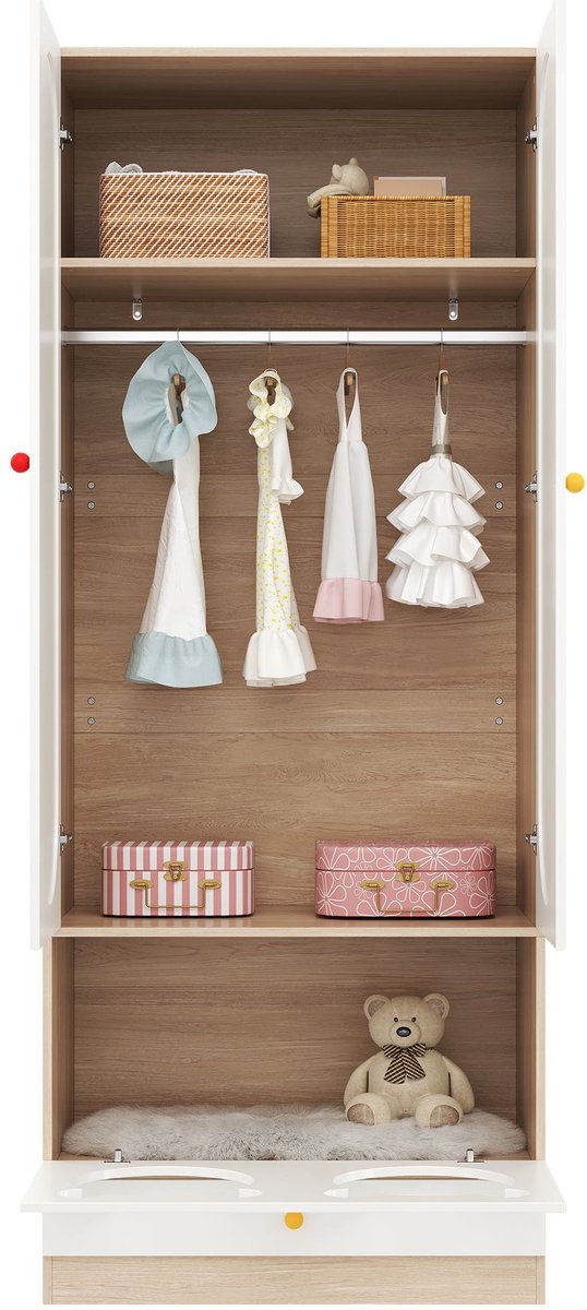 Merax Kinderkleerkast - 80x50x200cm - Witte Houten Garderobekast met Kledingroede en Kattenbed - Opbergkast met Bunte Knoppen - Wit en Houtkleur