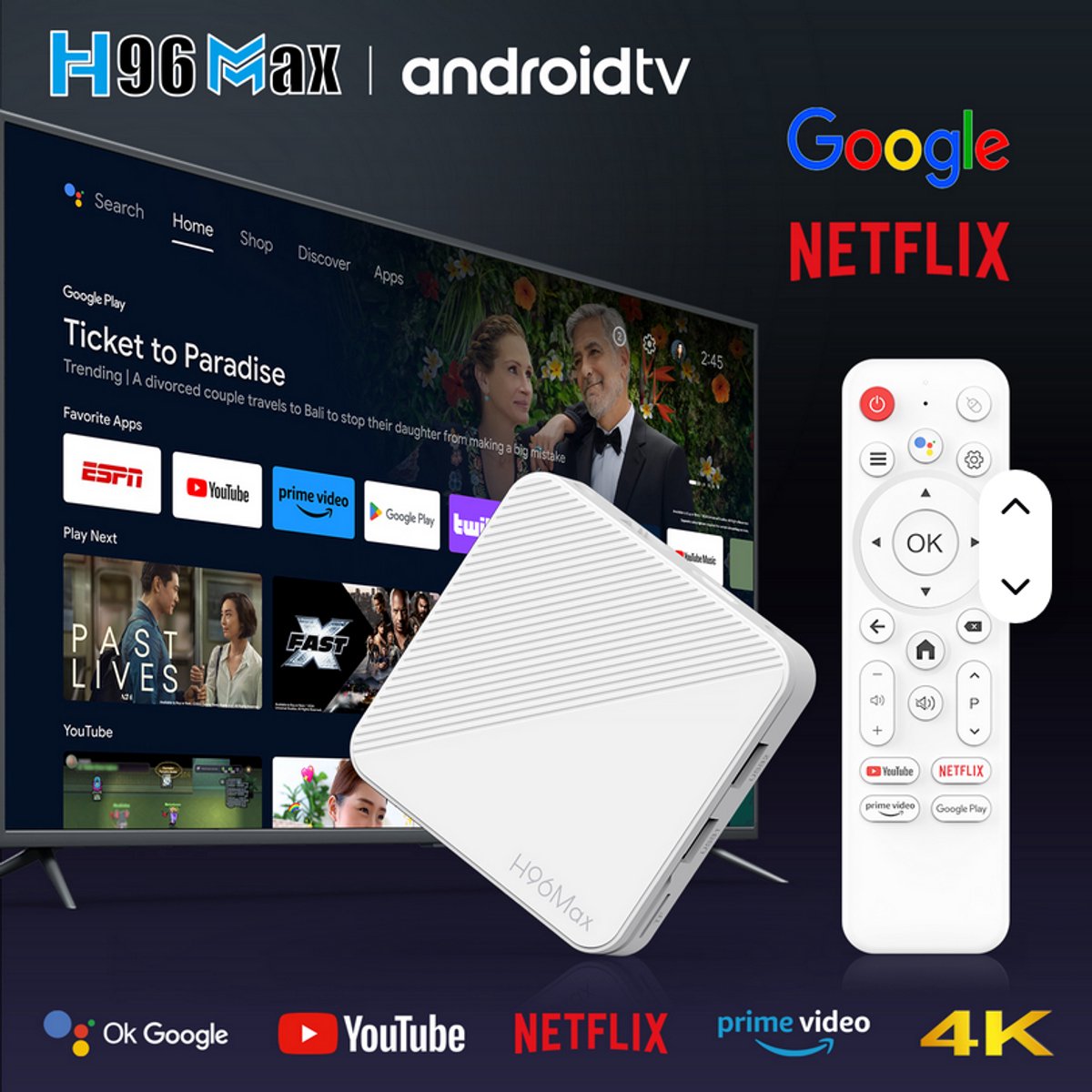 H96 Max 4k Ultra hd android media player-Android tv box-Streaming box android-Chromecast ingebouwd-4K UHD streaming box-Android tv ontvanger met google voice assistent-media streamer 2025-mediaplayer voor tv-google tv