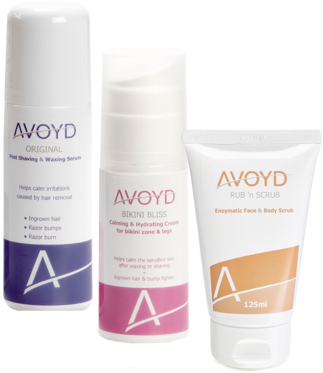Avoyd ComfortPluspakket vrouw - Set van 3 producten - Avoyd Original 90ml + Avoyd Bikini Bliss 50ml + Avoyd Rub 'n Scrub 125ml - Voorkomt ingegroeide haartjes, scheerirritatie & rode scheerbultjes