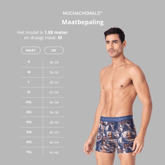 Man draagt een Muchachomalo boxershort met maritieme print. Maattabel ernaast.