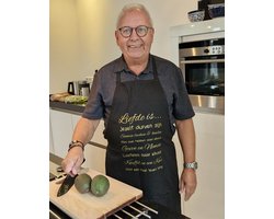 Keukenschort zwart met grappige tekst bedrukt cadeau vaderdag  liefde is Schort Kookschort Kokschort verjaardag man vrouw huwelijk valentijn bruiloft vriend partner samenwonen samenlevingscontract vriendin mama papa opa oma vrouwen dames mannen heren