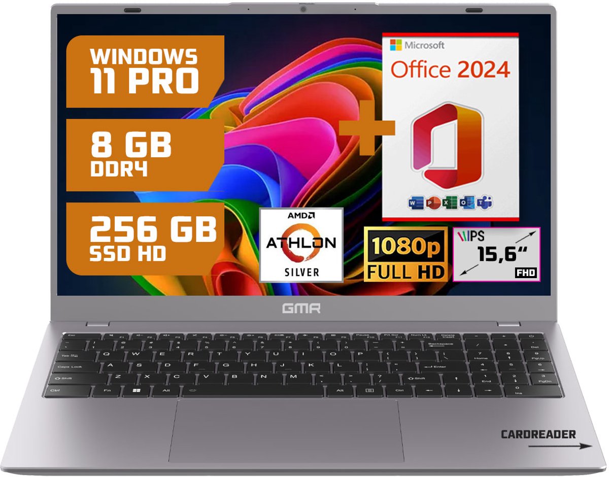 GMR Thuis, Office & Studie Laptop 15.6" FHD | 8GB / 256GB SSD | AMD Athlon Silver | Office 2024 + Windows 11 Pro