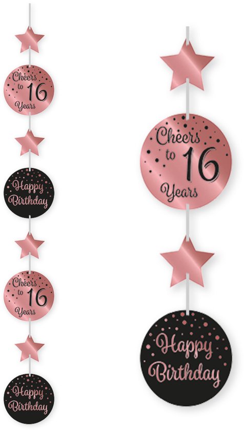 Twee slingers, een met 'Cheers to 16 Years' en een met 'Happy Birthday', in rosé goud en zwart.