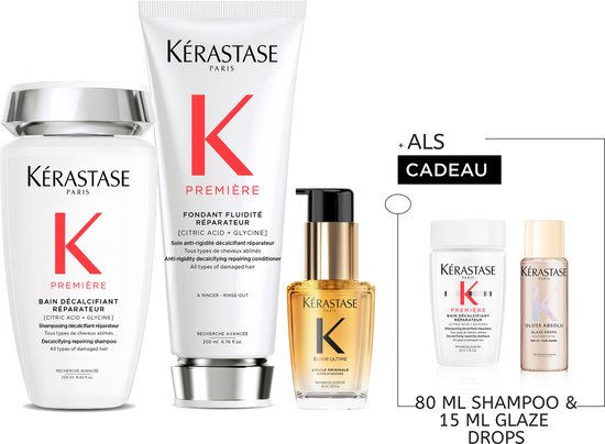 Flacon de shampooing Kérastase Première, tube de conditionneur, huile capillaire Elixir Ultime et deux cadeaux.