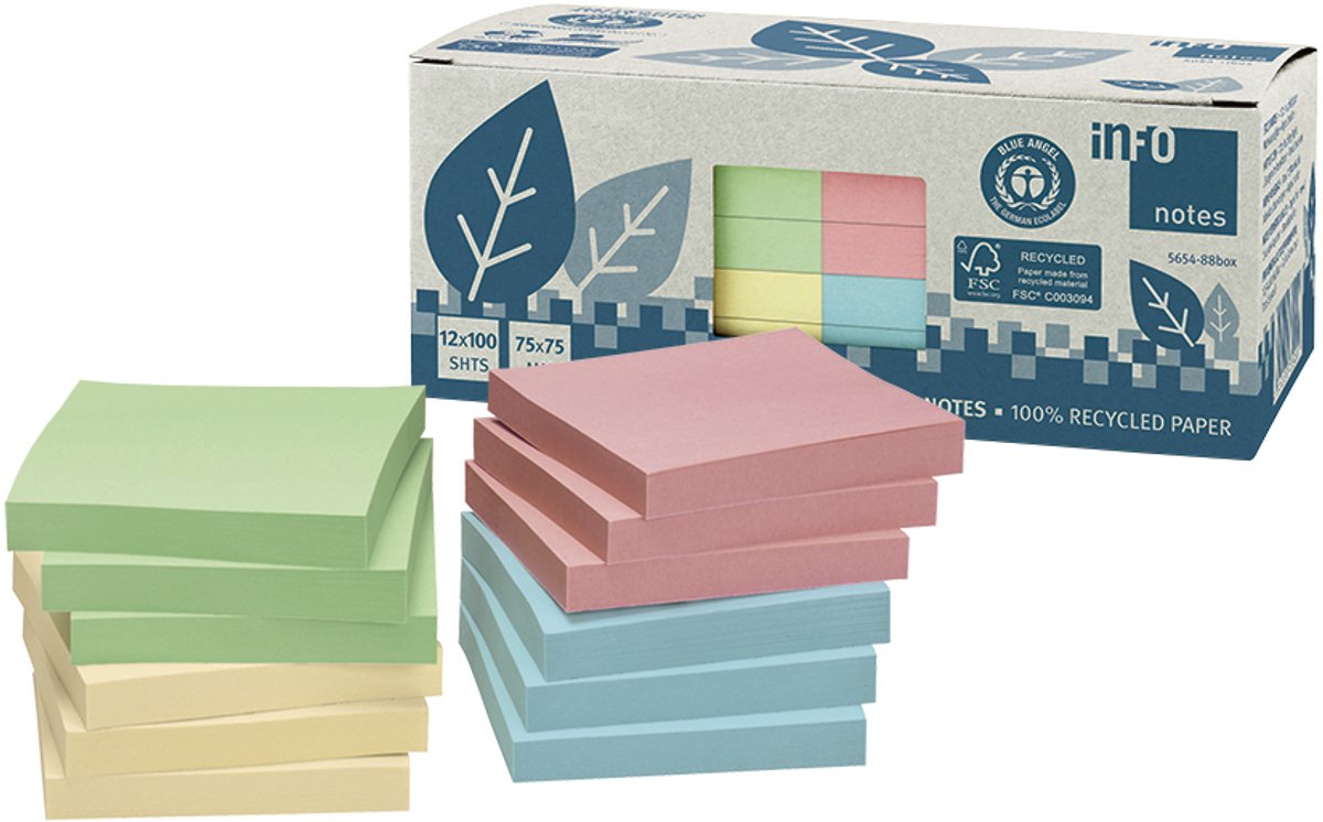 Info sticky notes - recycled - 12 x 100 vel - 75x75mm - geel, groen, roze, blauw - IN-5654-88