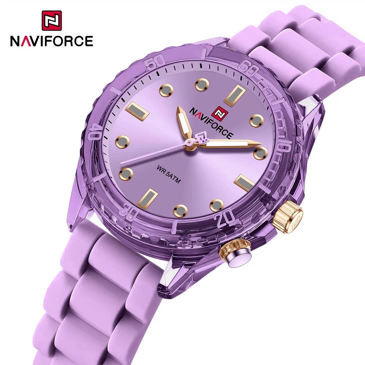NAVIFORCE horloge met paarse gefumeerde siliconen polsband, paarse wijzerplaat en paarse horlogekast voor dames met stijl ( model 7115 PEPE )