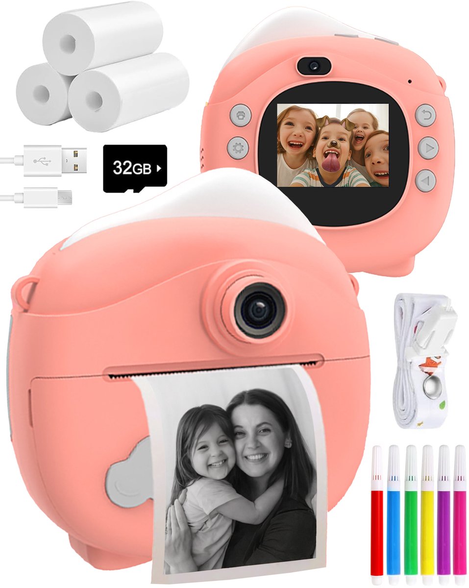 ODESSEY Kindercamera met Printer - Full HD - Selfie Camera - 32GB SD Kaart - Foto - Video - Spelletjes - Digitale Camera Kinderen - Fototoestel voor kinderen - Roze — afbeelding 1