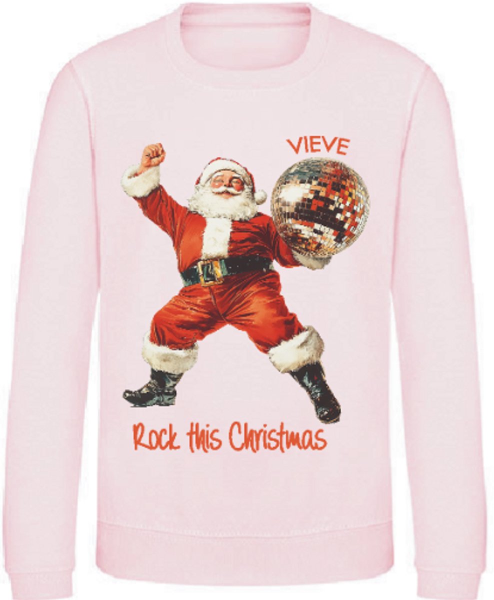 Kerstsweater Disco Santa – Met Eigen Naam – Roze maat 74 – Livingstickers