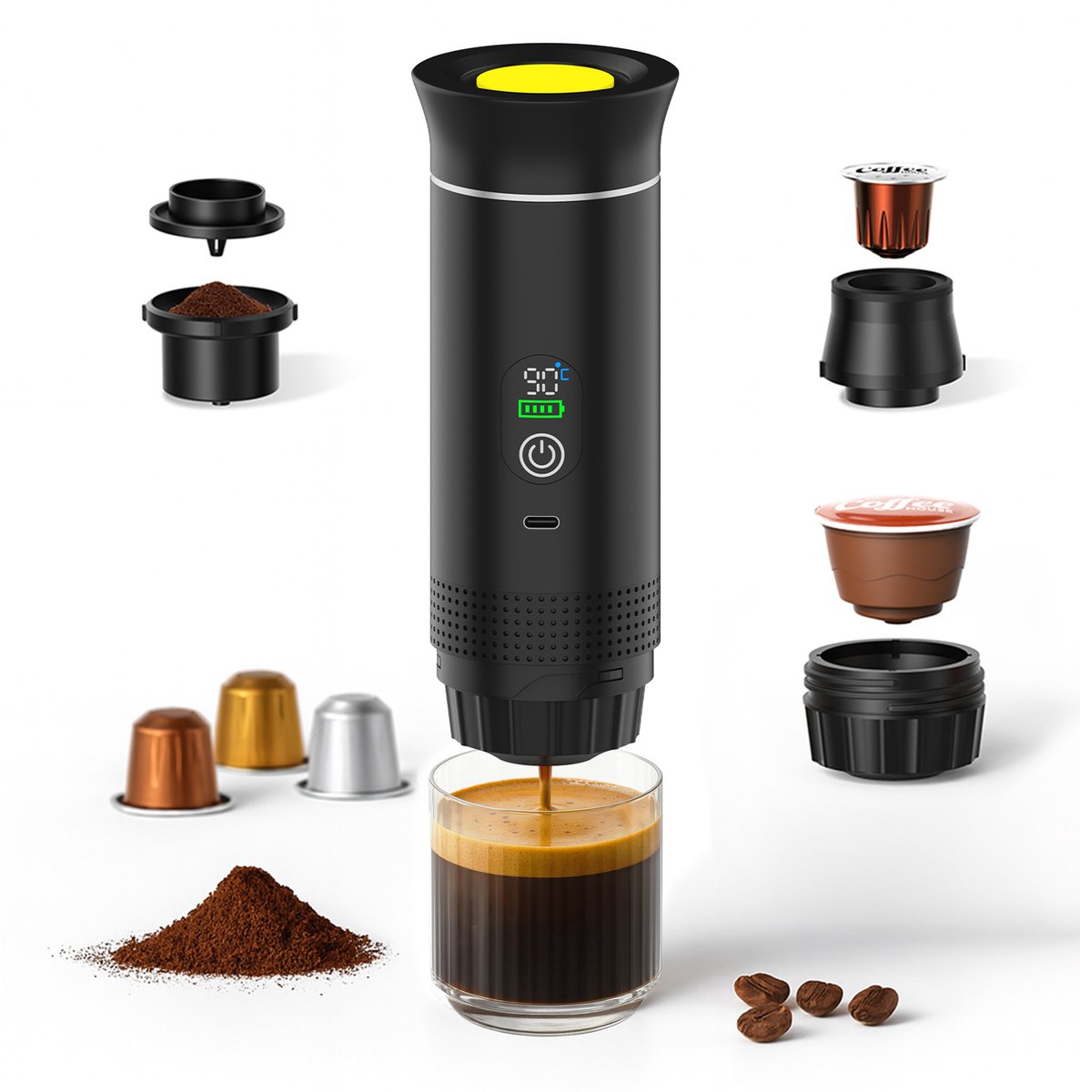 Draagbaar Koffiezetapparaat voor Onderweg van MMOBIEL - 12 Volt Portable Koffiemaker Camping- Oplaadbaar USB-C - Koffiecups & Gemalen Koffie Espresso - Lungo - Nespresso - Camping Gadget — afbeelding 1