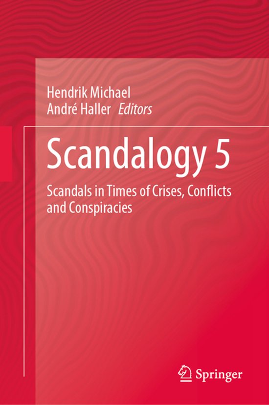Boekomslag 'Scandalogy 5' met rode achtergrond, golvend patroon en witte tekst over schandalen.