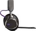 Zwarte JBL gaming headset met paarse touwtjes en chrome rand.