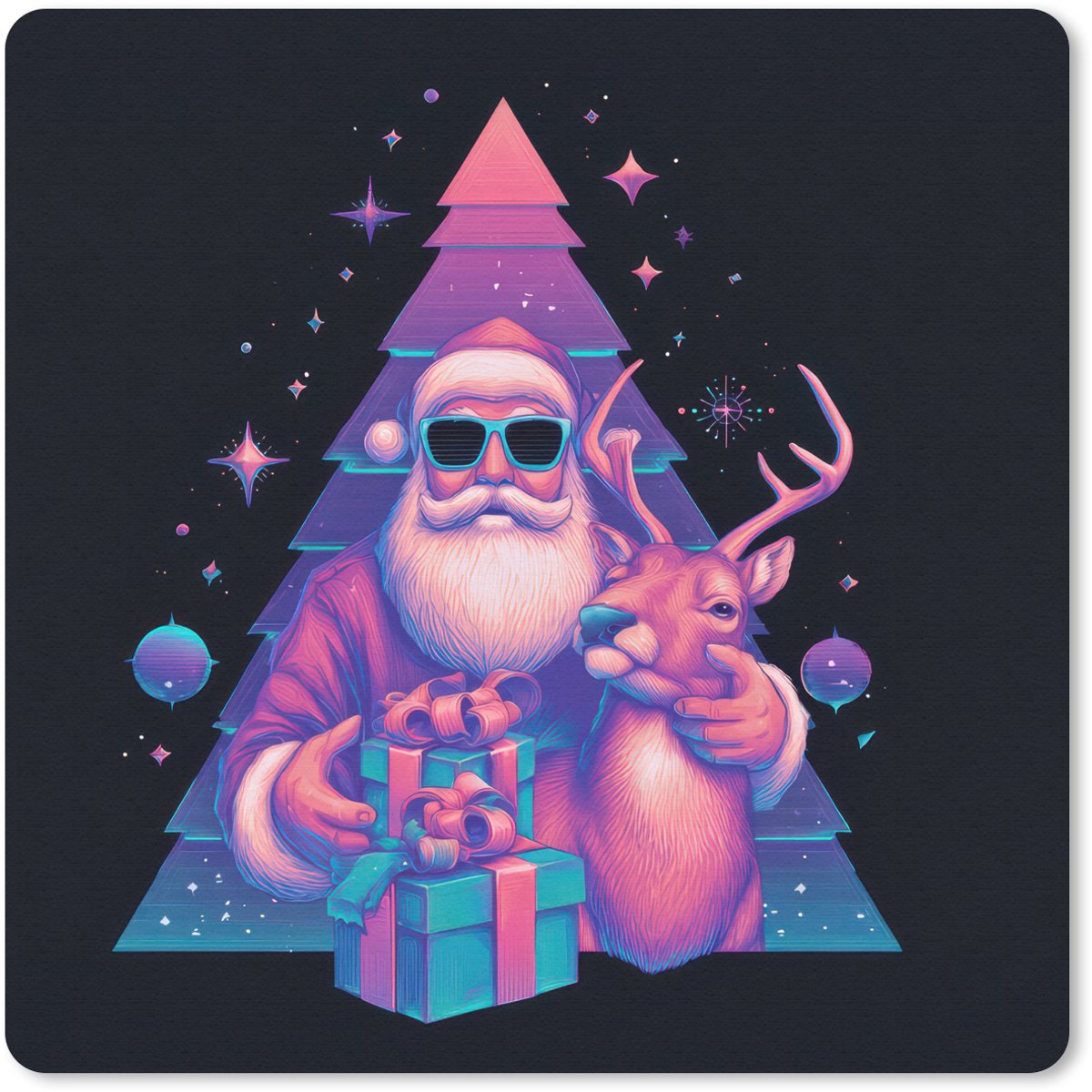 Muismat 30x30 cm - Mousepad Retro - Kerstman - Rendieren - Kerstboom - Muismatten