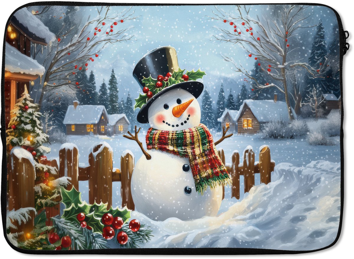 Laptophoes 14 inch - Sneeuwpop - Winterdorp - Kleurrijk - Laptop sleeve - Binnenmaat 33x23 cm - Zwarte achterkant