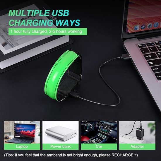 Siècle des Lumières de course - Lot de 2 - Bracelet de marche pour tapis roulant - Bracelet de sport - Rechargeable - Bracelet LED- LED - Lumière réfléchissante pour la course - Convient pour la Course à pied et le Vélo - Vert