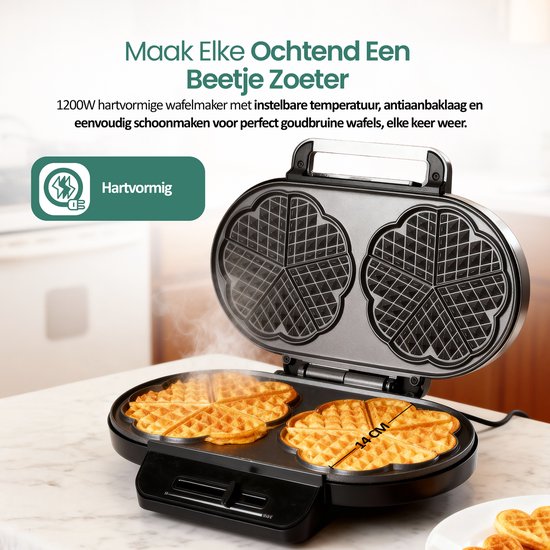 Emerio Wafelijzer 1200W - Hartvormige wafels - Regelbare thermostaat - Anti aanbaklaag - 14cm Diameter - Indicatielampje - Anti-slip voetjes - WM-123356 — afbeelding 5