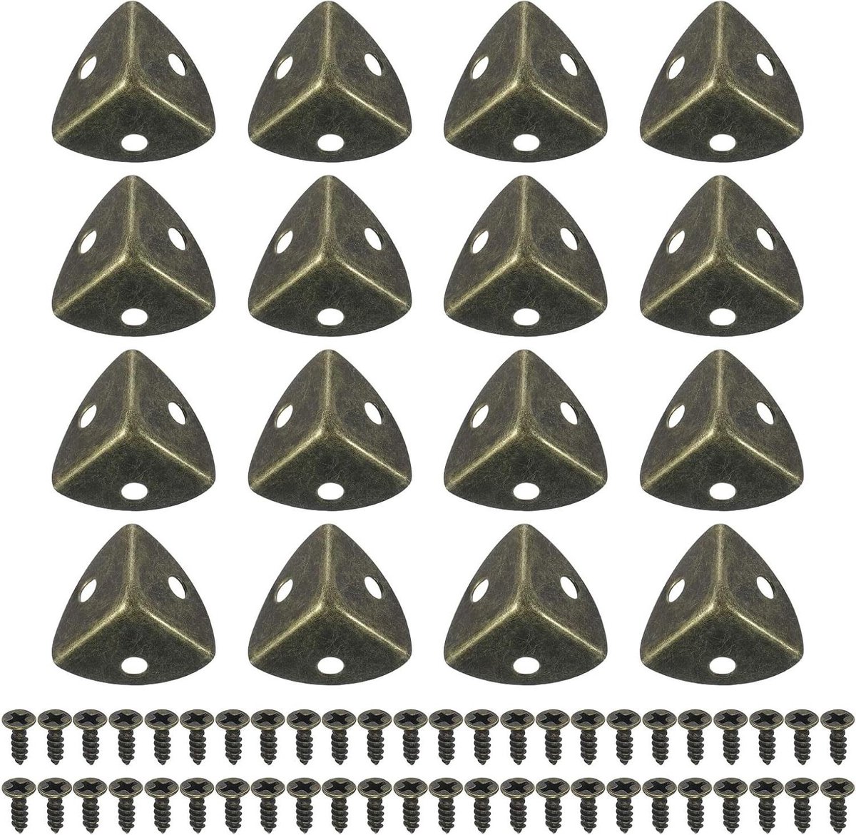 Image of 32 stalen hoekbeschermers met montageschroeven voor houten kisten - Decoratieve tafelhoekbescherming - 3,18 inch x 0,79 cm - Bronskleurig.