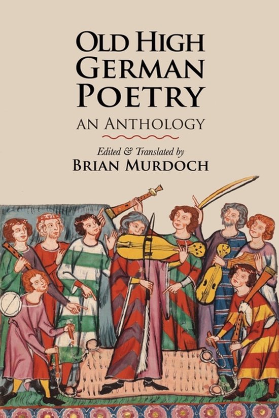 Boek met de titel 'Old High German Poetry', een anthologie. Illustratie van een groep mensen die muziek maken met historische instrumenten.